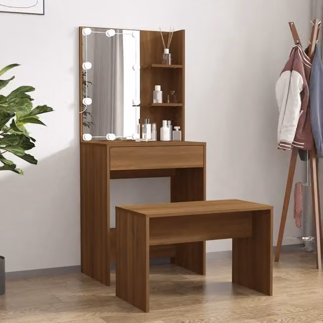 Set Tavolo da Toeletta con LED vidaXL in Legno Rovere Marrone L: 140 cm, P: 60 cm, H: 40 cm