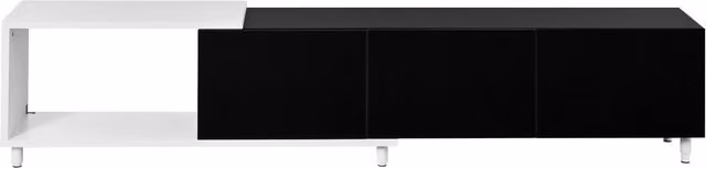 Mobile TV Lowboard con 3 Ante Laccate a Specchio, Piedini in Metallo, Design Moderno, 258x38x48,5 cm, Nero e Bianco