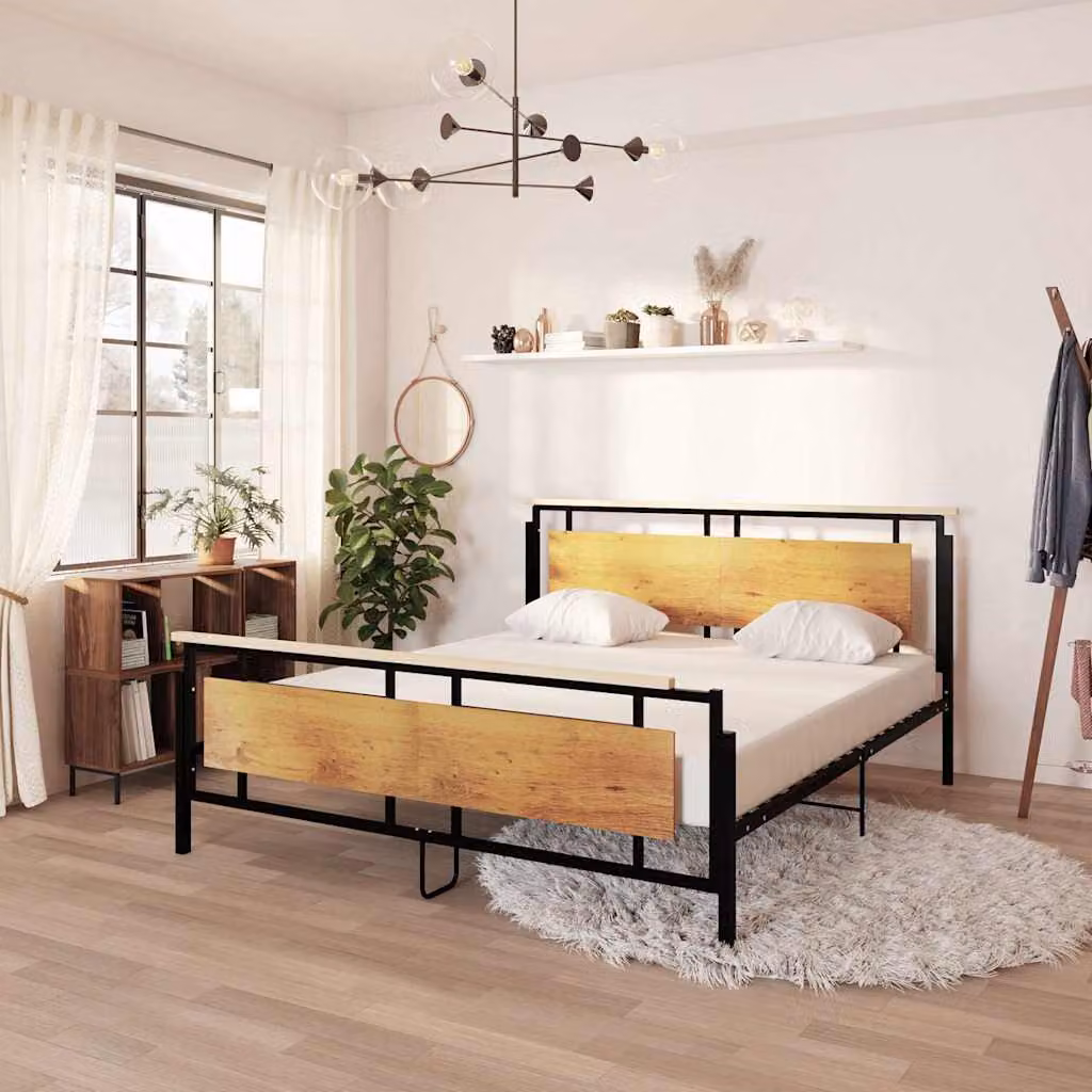 vidaXL Giroletto in Metallo e Legno con Doghe Fisse, Colore Nero e Rovere, L/P: 180 x 200 cm