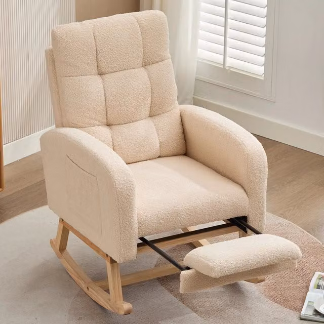 Poltrona a dondolo ergonomica OKWISH in tessuto bouclé beige con schienale alto e struttura in legno massiccio L/P/H: 132 x 50 x 99 cm