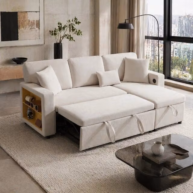 Divano letto angolare con chaise longue reversibile; USB e contenitore; 214 x 131 cm; beige