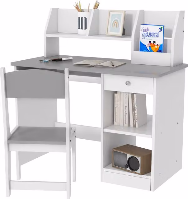 ZONEKIZ Scrivania per bambini con sedia ergonomica, cassetto e ripiani, grigio, L 90 cm x P 45 cm x H 90 cm