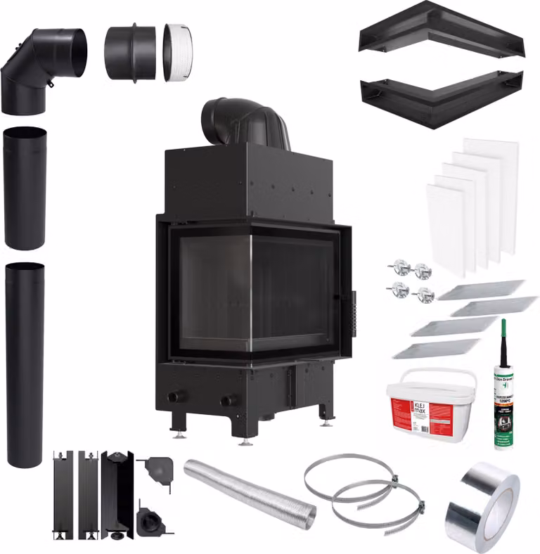Inserto per caminetto KRATKI FLOKI S Sinistra 8 kW Ø160 Nero Set di angoli per l'installazione