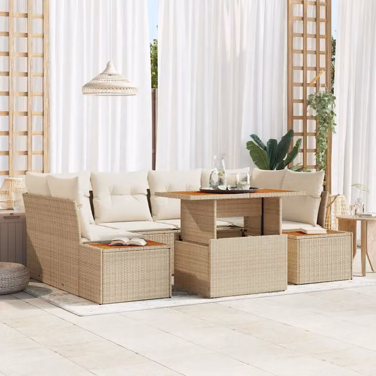 Set da pranzo da giardino moderno vidaXL in rattan e legno con cuscini beige e bianco