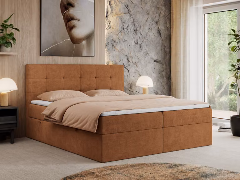 MKS MEBLE letto a molle 120x200 con rete e materasso H4, letto imbottito 120x200 con rete, letto 120x200 con contenitore e topper - Centos - Struttura arancione
