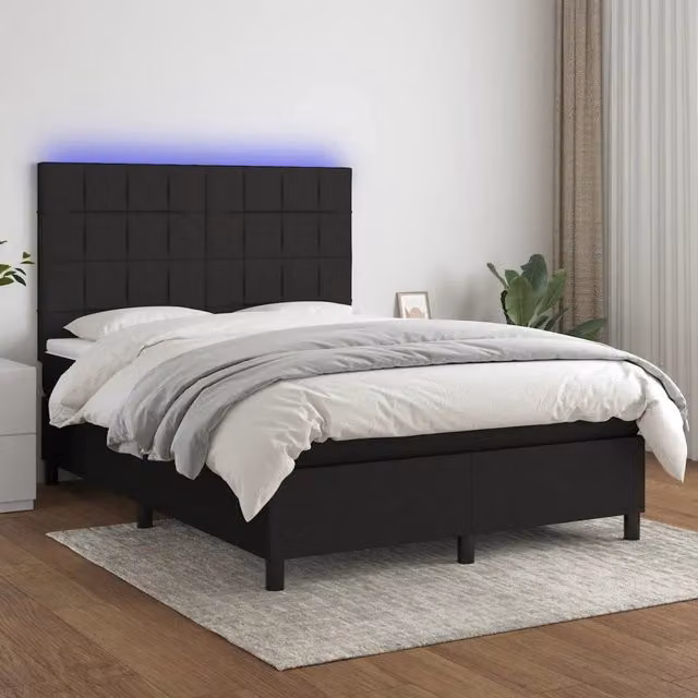 Letto Ibrido vidaXL con Materasso e Illuminazione LED Sotto il Letto e Porte USB, Tessuto Nero, L/P/H: 140 x 200 x 128 cm – 1