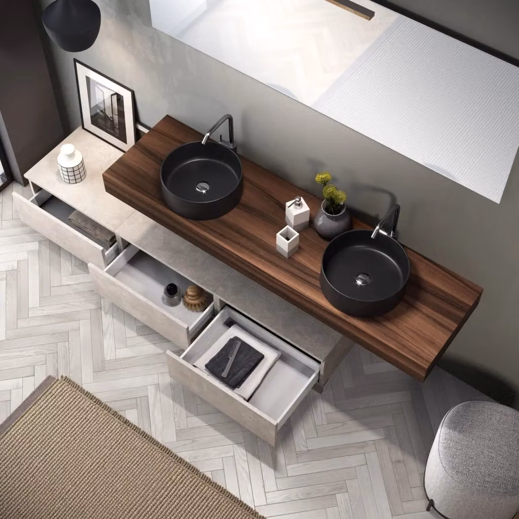 Composizione bagno con doppio lavabo ASTRA in 9 pezzi, finitura noce e avana con piano in pietra, modello moderno a parete – 2