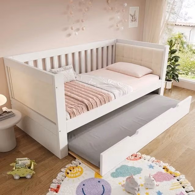 Letto da giorno in legno bianco 90x200 cm con letto estraibile 90x190 cm e rete a doghe