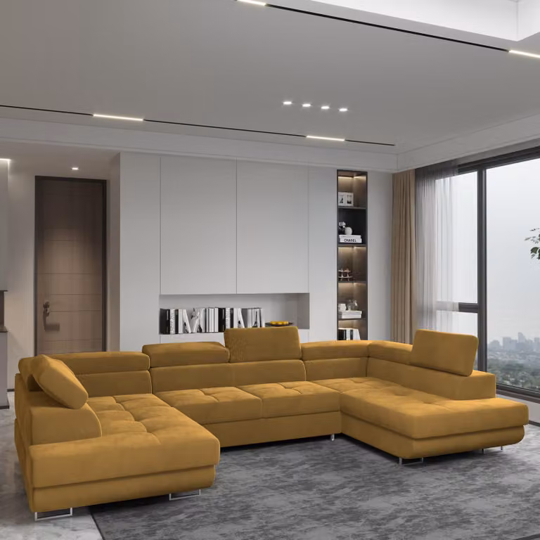 Divano angolare RAGGIO di Masseno con funzione letto a U, divano con box letto, divano da salotto, divano, divano, divano letto, set di divani - giallo, MONOLITH 48