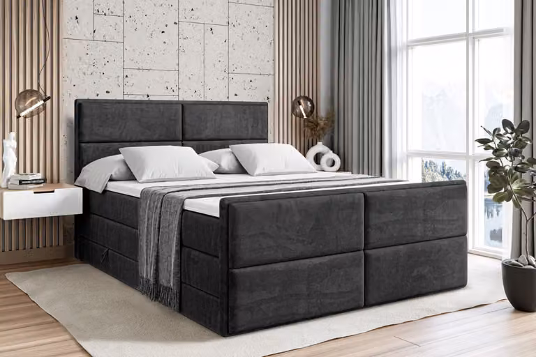 Letto boxspring ALTDECOR con pediera, 2 materassi e topper - 160x200 cm - AURA-Z KING - Velluto nero - Letto imbottito con materassi H3 e H4, contenitore e rete a doghe, letto con spazio contenitivo