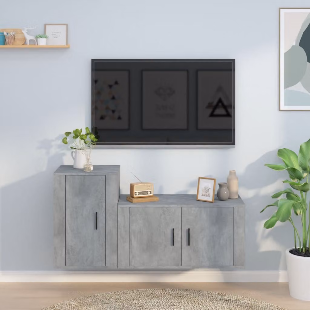 Set di mobili porta TV da parete vidaXL in 2 pezzi, stile classico, colore grigio cemento e legno, finitura opaca