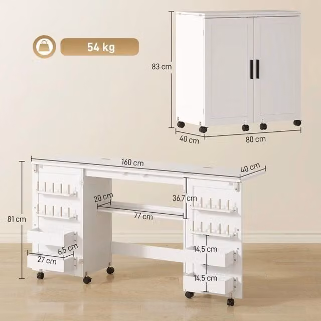 Tavolo da cucito pieghevole con 2 ante magnetiche, tavolo da lavoro su ruote con 4 scomparti e 20 porta rocchetti, bianco