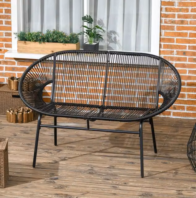 Panca da giardino 2 posti 132 x 72 x 83 cm in polyrattan nero, per terrazza e balcone
