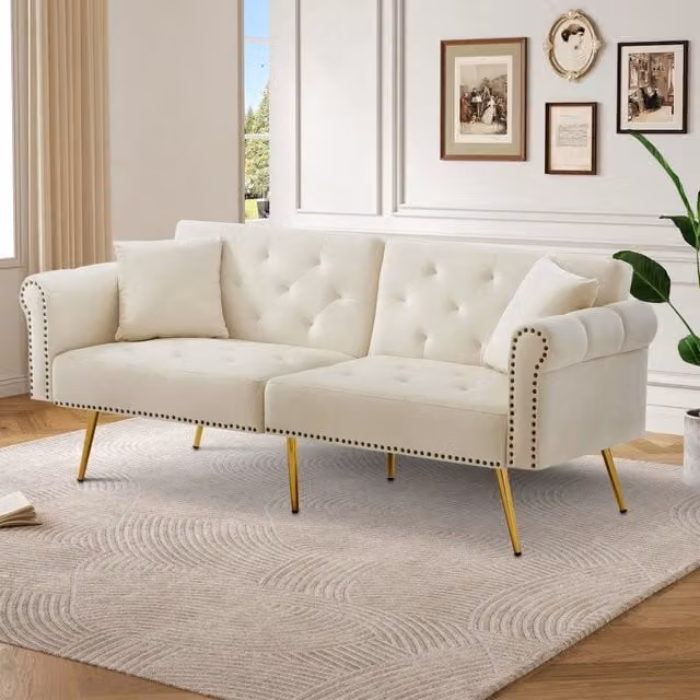 Divano Letto 2 Posti ¨C MINIMAL ¨C Velluto, Schienale Regolabile, Piedini Dorati