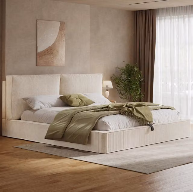 Letto matrimoniale con contenitore idraulico 180x200 cm in corduroy beige