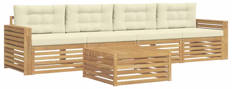 Set di divani da esterno, 5 pezzi, bianco e crema