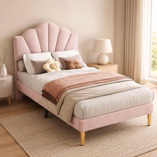 Letto singolo imbottito 90 × 200 cm in velluto rosa con testiera regolabile rete a doghe e gambe dorate