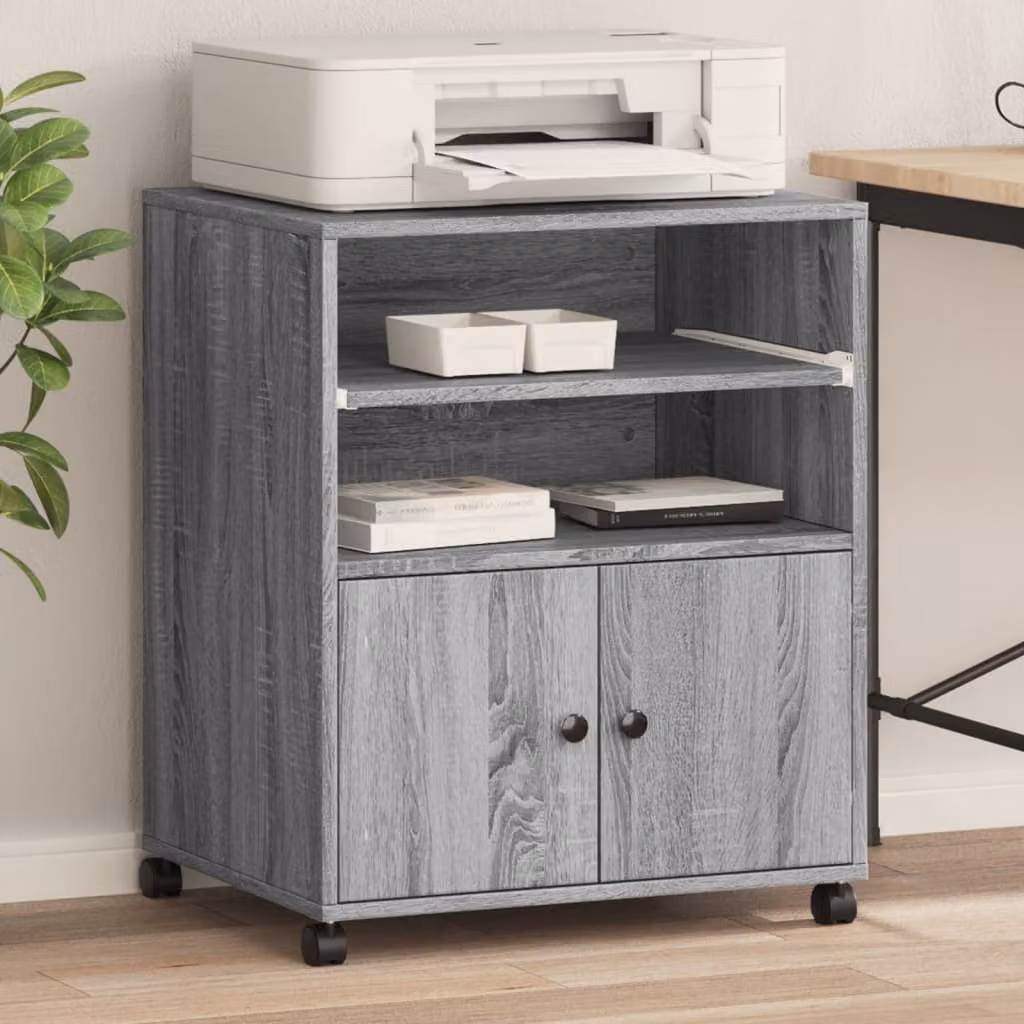 vidaXL Supporto per Stampante con Ruote Grigio Sonoma L: 60 cm, P: 48 cm, H: 74 cm