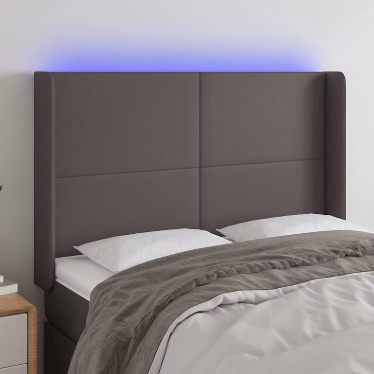 Testiera per letto vidaXL in similpelle grigia con illuminazione LED integrata e porta di ricarica USB, L: 147 cm, P: 16 cm, H: 118-128 cm