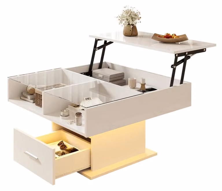 Tavolino da divano - Tavolino con altezza regolabile - Illuminazione a LED - Ampio spazio di stoccaggio - Superficie lucida - 100 x 50 x 42 cm - Bianco, pannello di particelle di legno