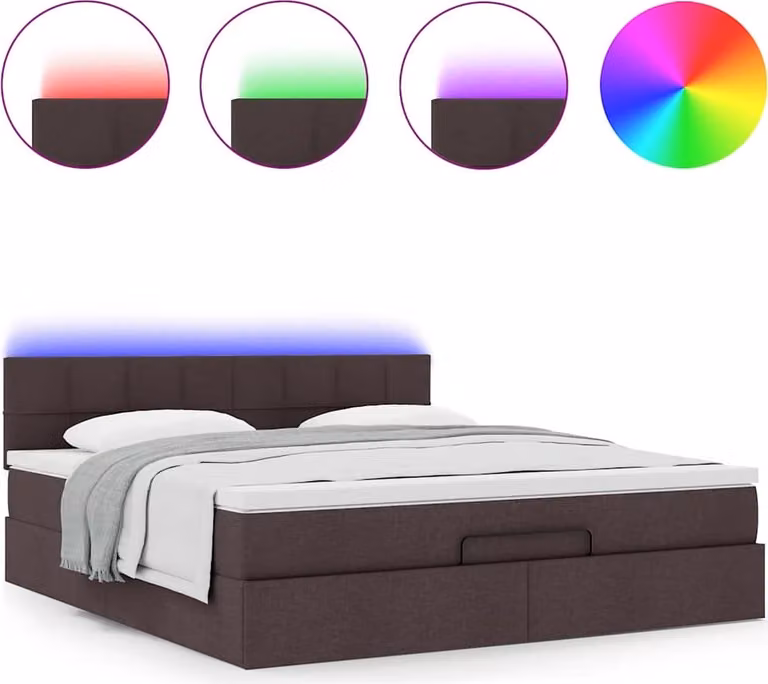 Ottomana con materasso e LED in tessuto marrone scuro 180x200 cm