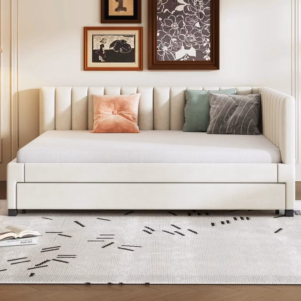 Divano letto estraibile REDOM in velluto beige stile mid-century L/P/H: 147 x 209,5 x 71 cm con misura letto 140 x 200 cm – 2