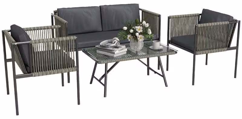 Set di mobili da giardino composto da 4 pezzi: 1 divano, 2 poltrone, 1 tavolo con piano in vetro, cuscini, struttura in acciaio, rattan sintetico, grigio