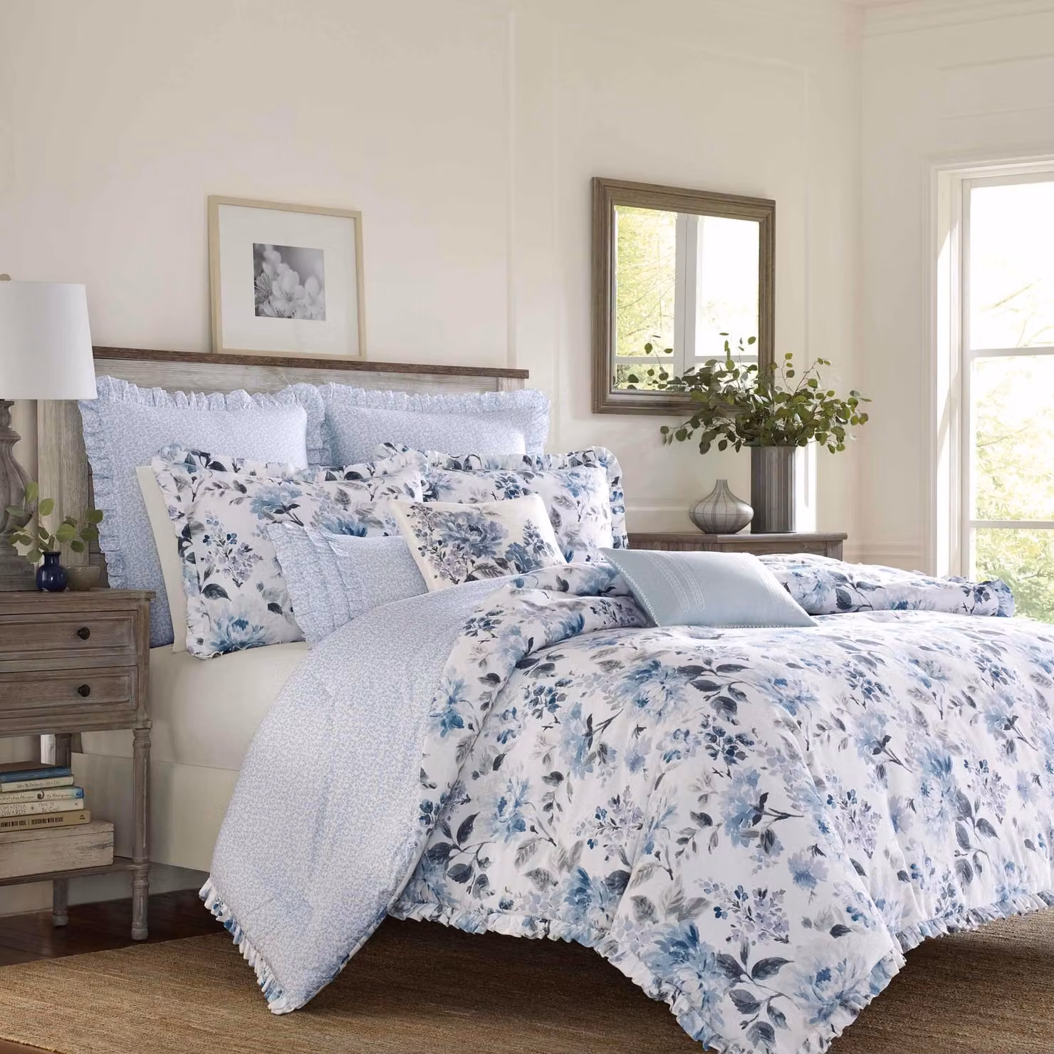 Copertura per letto matrimoniale in cotone, con federe, reversibile, motivo floreale