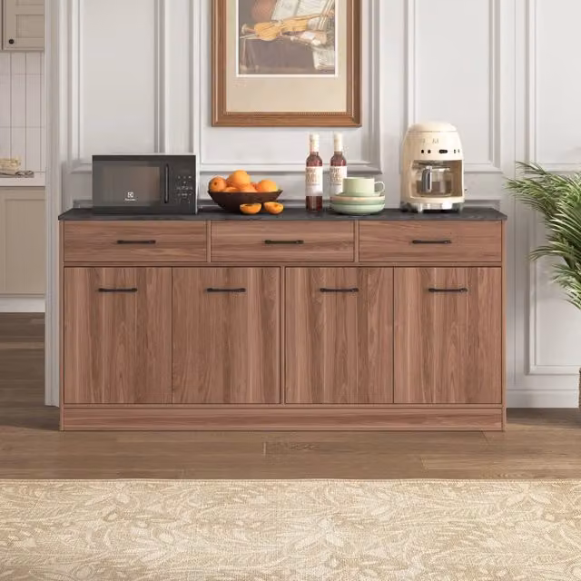 Credenza da Cucina con 3 Cassetti e Ripiani Regolabili ¨C MINIMAL ¨C Effetto Cemento e Noce, 76,5x160x37cm