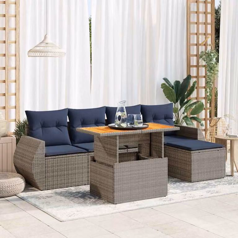 Set Divano da Giardino vidaXL 6 pz a Forma a L con Cuscini Grigio e Blu in Polyrattan e Acciaio
