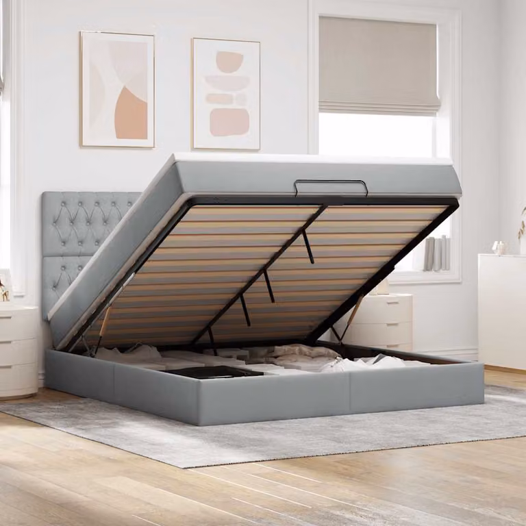 vidaXL Letto Contenitore con Materasso in Tessuto Grigio e Bianco L: 160 cm, P: 200 cm, H: 203 cm