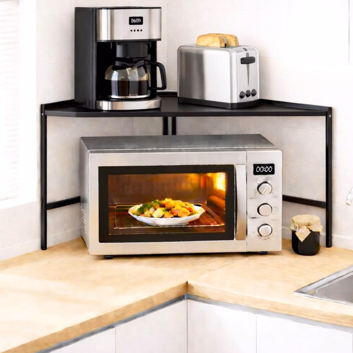 DanDiBo Scaffale angolare da cucina Piano di lavoro Scaffale da cucina 72x72 cm Scaffale per microonde Nero 2 ripiani 96688 Scaffale angolare per microonde