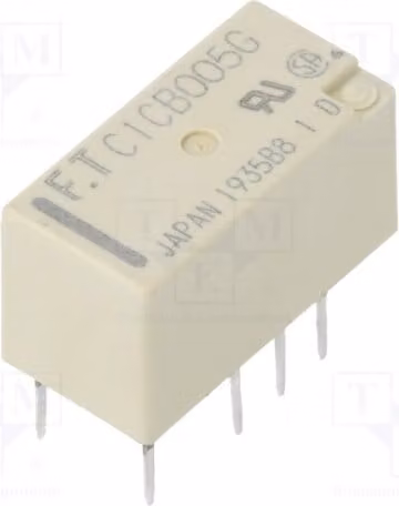 1 relè: bobina elettromagnetica, 5 VDC, 0,3 A / 125 VAC, 2 A, modello FTR-C1CB005G, elettromeccanico