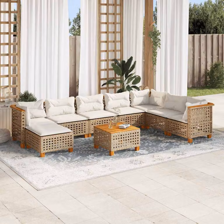vidaXL Set Divano da Giardino 9 pz in Polyrattan Beige con Cuscini e Tavolino