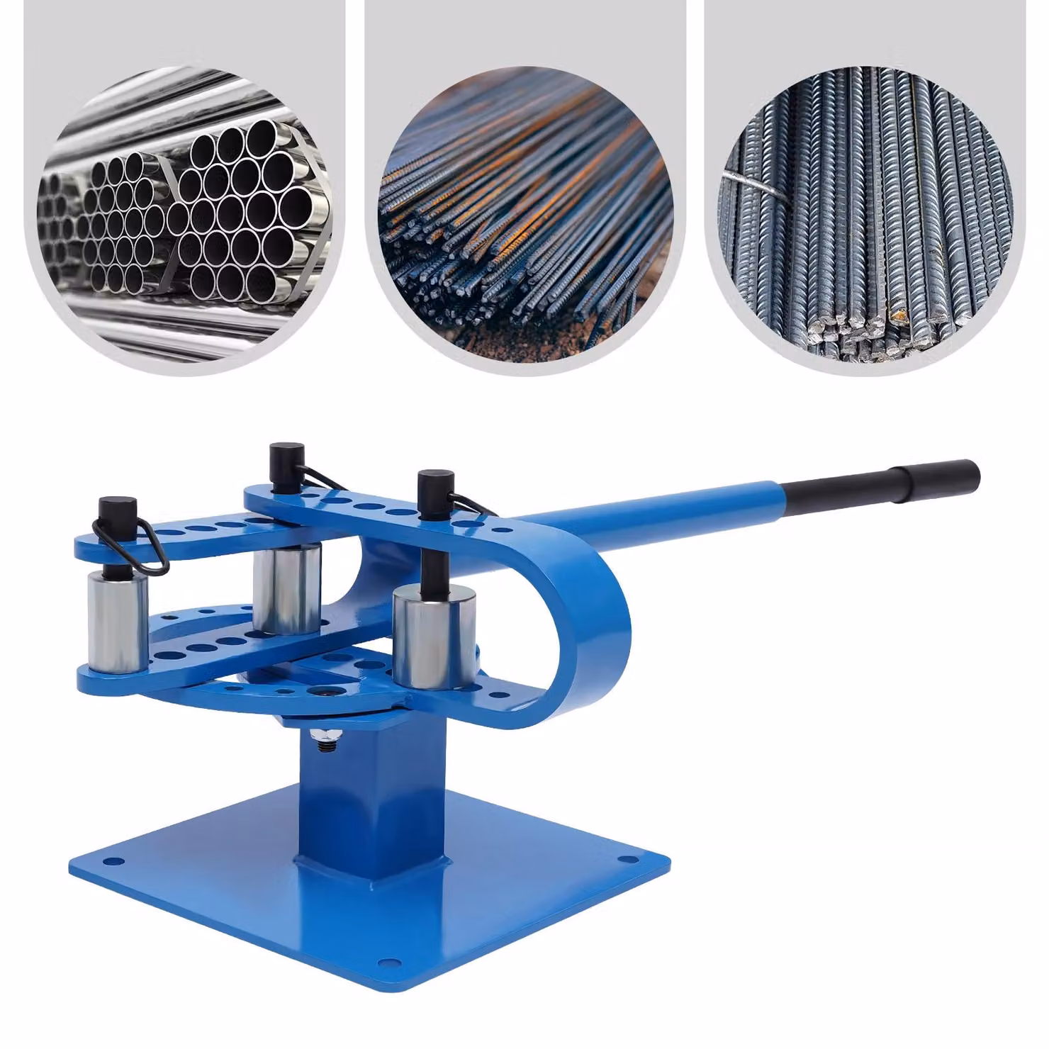 Piegatrice manuale per tubi in acciaio, adatta per tubi da 2,5 a 7,6 cm di diametro, dotata di 7 matrici di piegatura, maniglia di prolunga, design compatto, colore blu