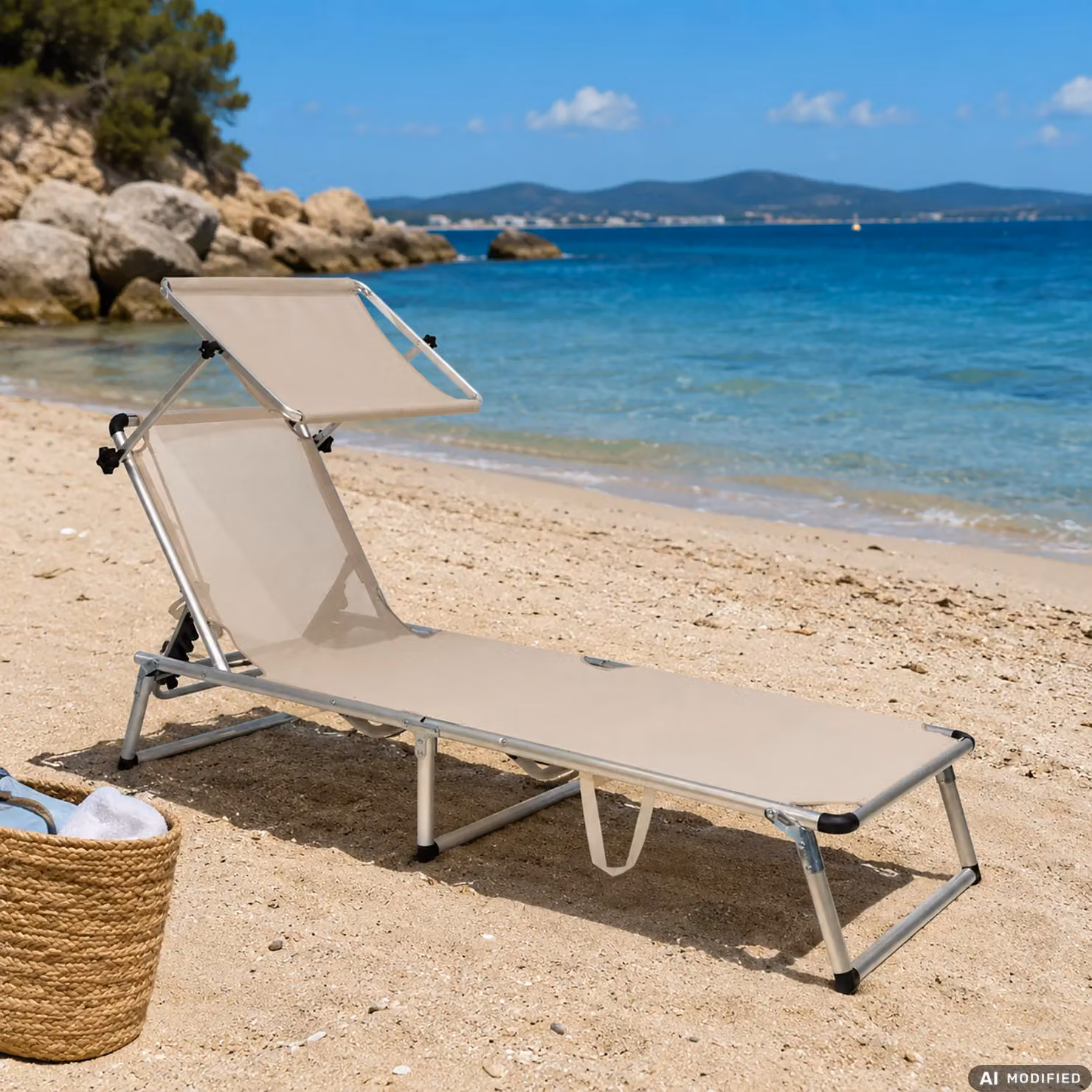 Vestiamo Casa Mare Lettino pieghevole con parasole in beige e alluminio verniciato H 25 x L 188 x P 56 cm – 1