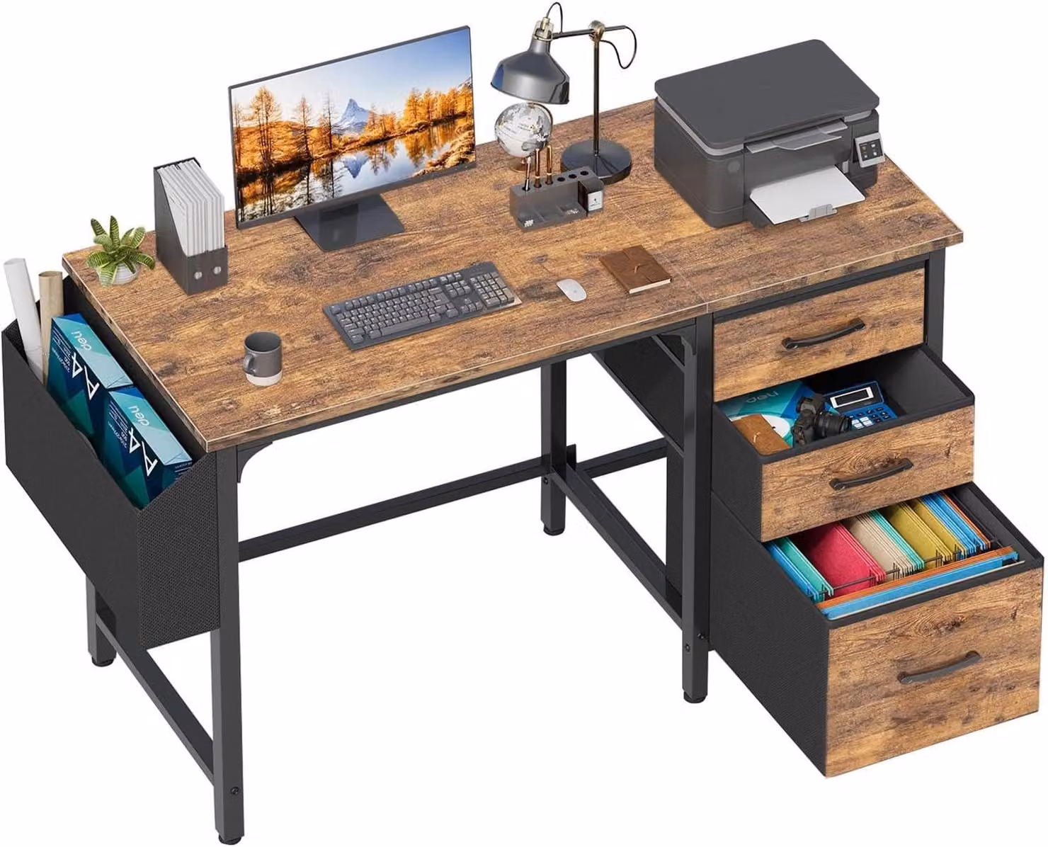 Scrivania per computer con 3 cassetti, 120 cm, aspetto legno, ideale per l'ufficio domestico