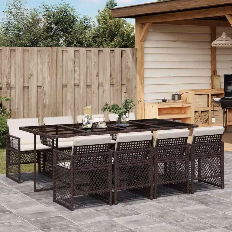 Set da pranzo da giardino vidaXL in polyrattan marrone e bianco con 9 pezzi e cuscini