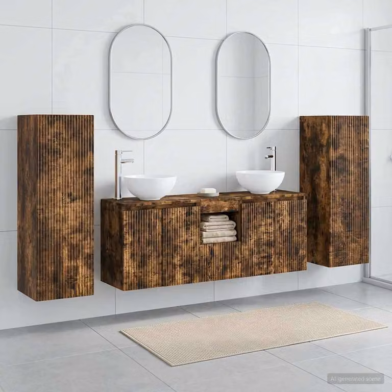Set di mobili per il bagno moderno vidaXL in legno color rovere scuro, composto da 5 pezzi con base lavabo e pensili, L/P/H: 33 x 34,5 x 100 cm