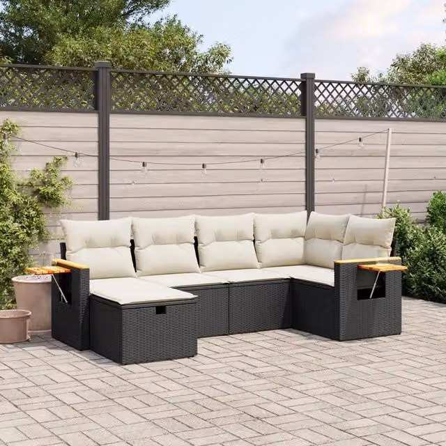Set Divano da Giardino a L vidaXL in Polyrattan Nero con Cuscini e Ottoman, 6 Pezzi – 1