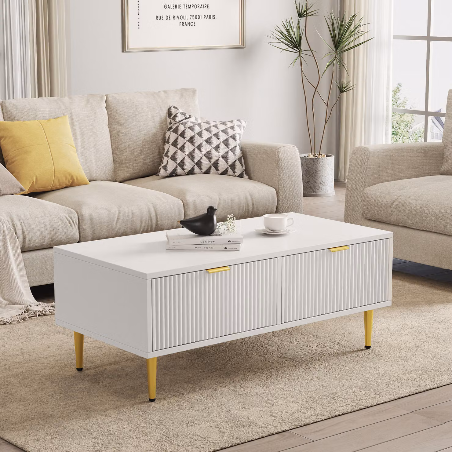 Tavolino Okwish, tavolino, tavolino con 2 cassetti e decorazioni dorate, bianco, 100x50x40 cm