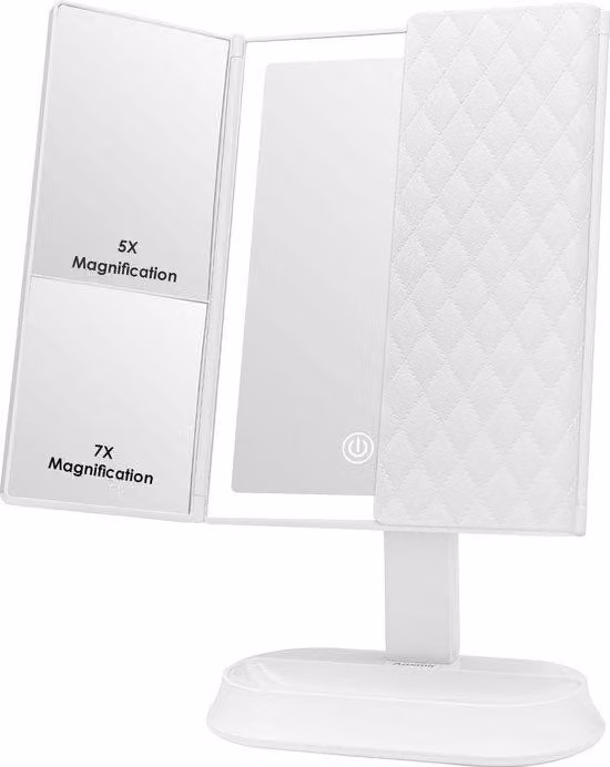 Specchio da bagno illuminato a LED con touchscreen, ingrandimento 3x, orientabile a 90 gradi, alimentazione tramite USB e a batteria, specchio cosmetico bianco