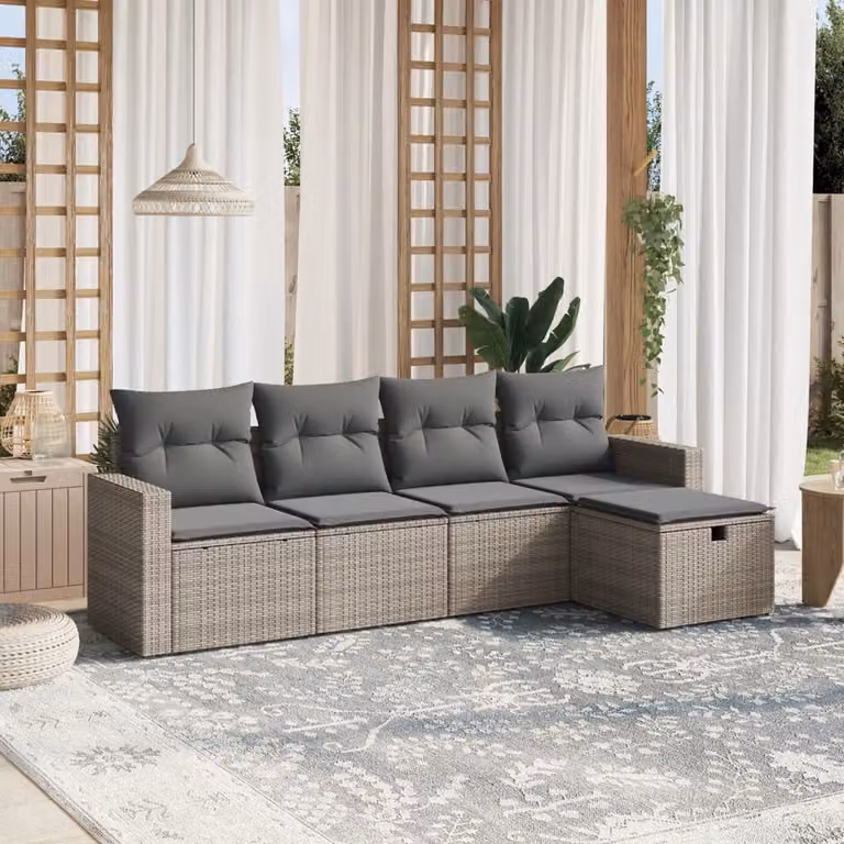 vidaXL Set Divano da Giardino a L 5 pz Grigio con Cuscini in Polyrattan e Struttura in Acciaio