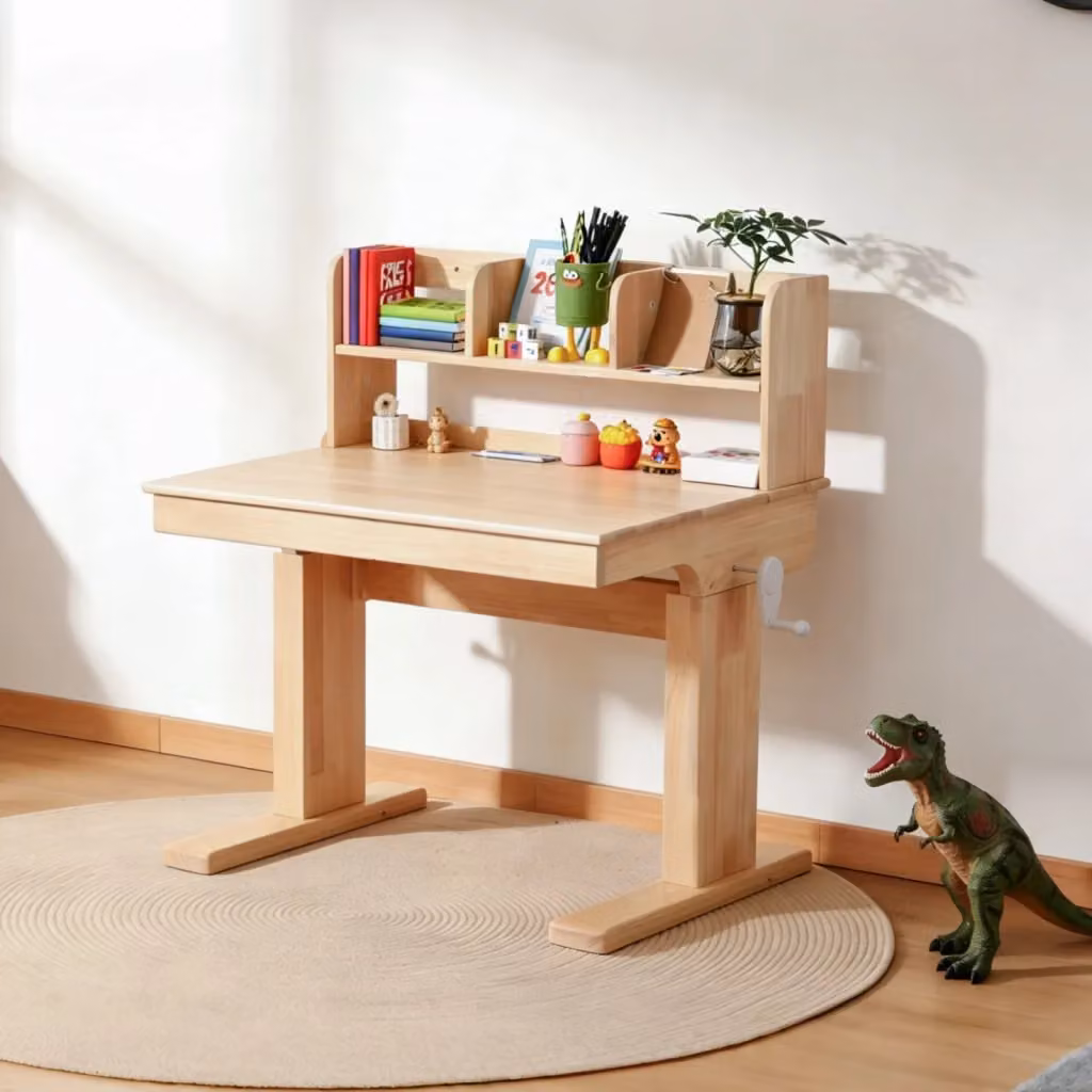 Scrivania per bambini OKWISH in legno naturale beige con altezza regolabile e piano inclinabile L: 92,2 cm, P: 60 cm, H: 89 cm – 2