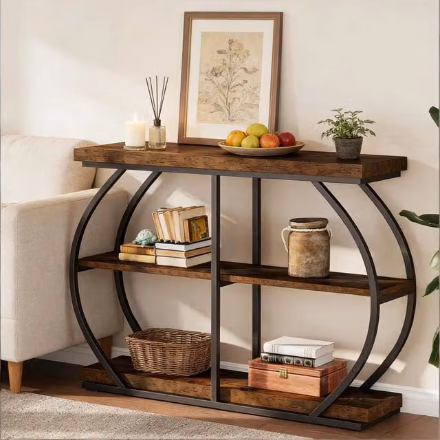 Consolle a 3 ripiani con piano da 4 cm e telaio curvo in metallo; legno marrone 105 × 24 × 80 cm
