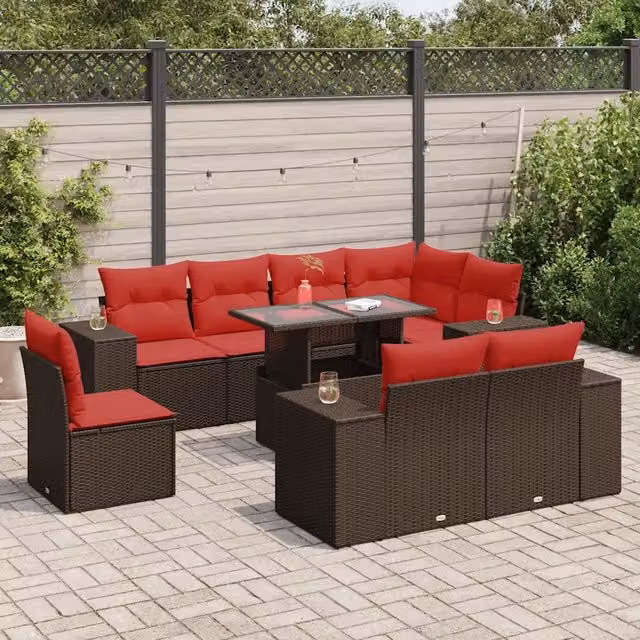 Set Divani Giardino 9 pz con Cuscini Marrone Polyrattan Acacia 3326825