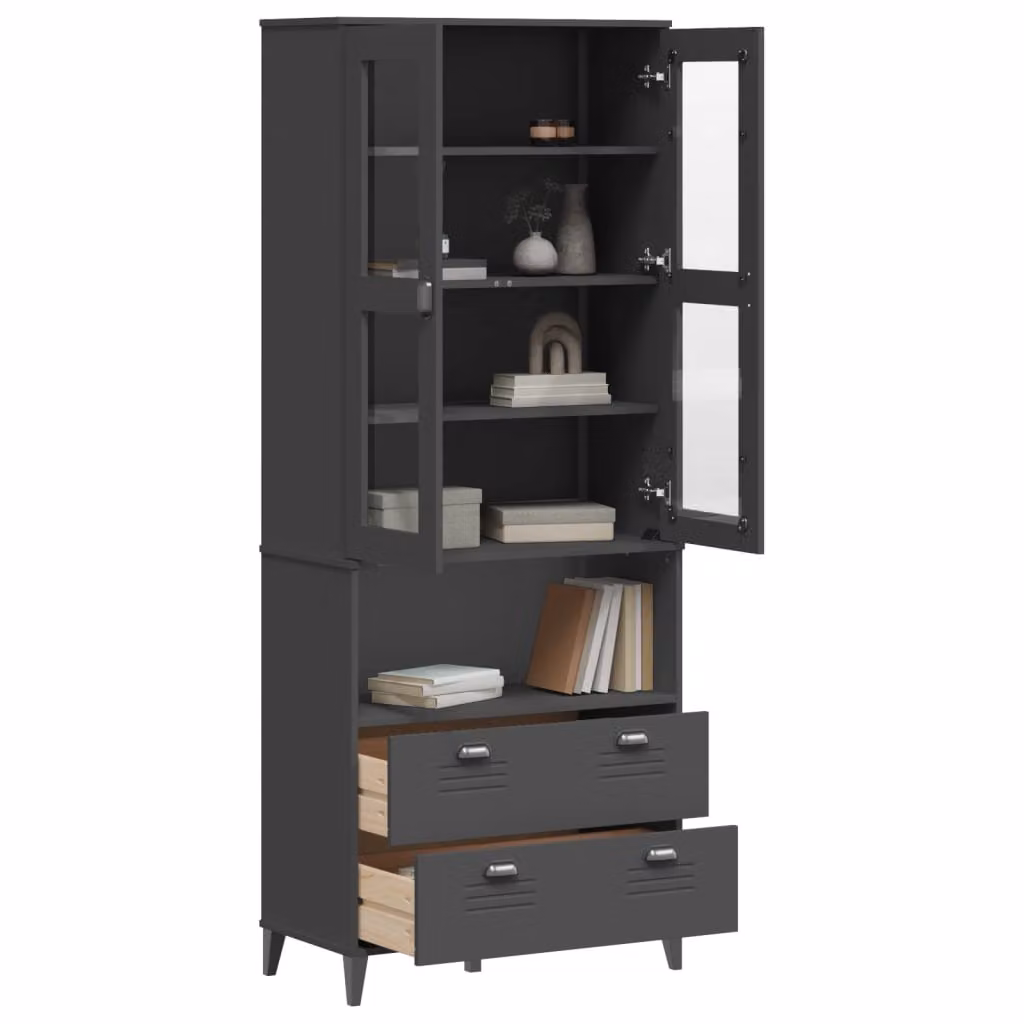 Credenza vidaXL VIKEN in legno massello di pino con ante in vetro, Grigio Antracite, L 80 cm x P 40 cm x H 200 cm