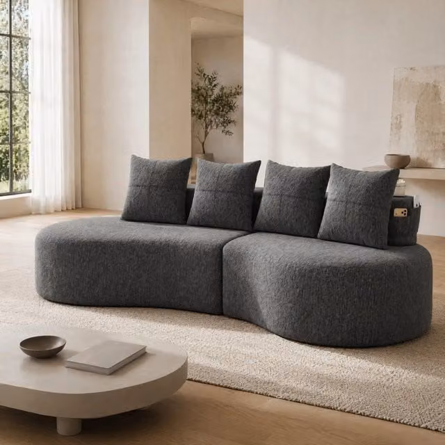 Divano in lino con 4 cuscini; portabevande e tasche laterali; 240 x 109 x 60 cm; grigio scuro
