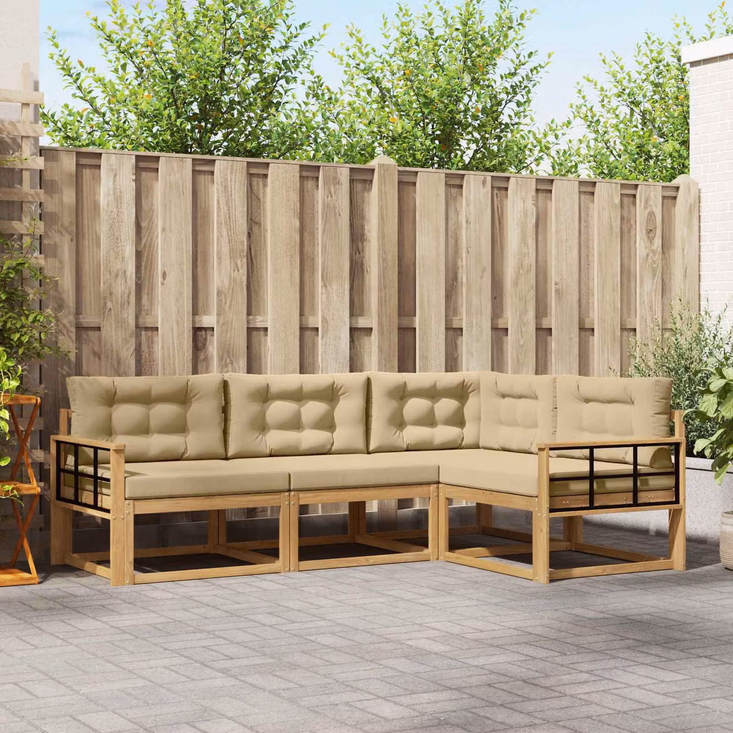 Set di divani da esterno a L vidaXL in legno di acacia con cuscini, Bianco, Beige e Marrone