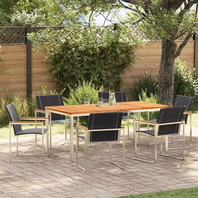 Set da pranzo per giardino e terrazzo vidaXL in legno di acacia e acciaio inossidabile marrone, 7 pezzi